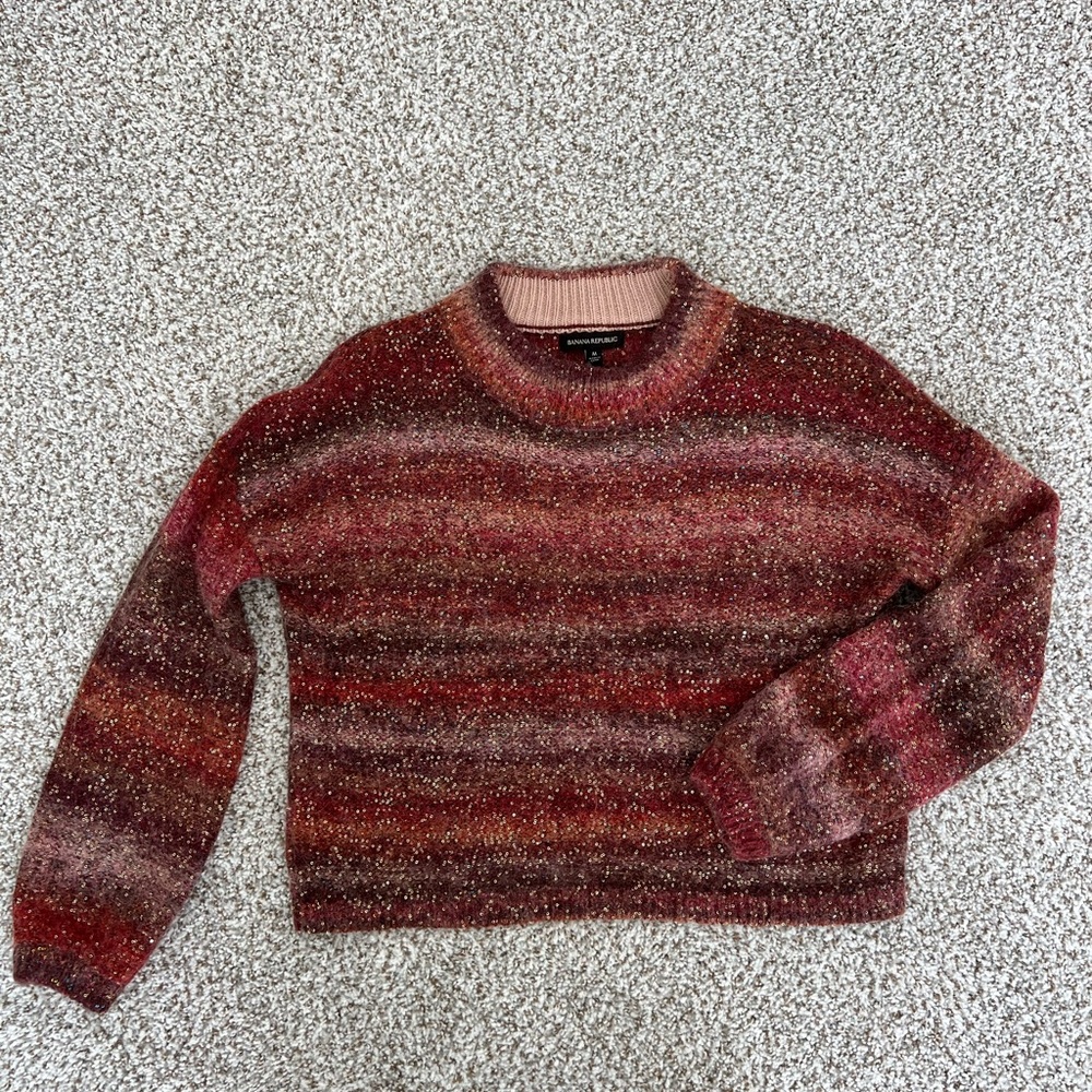 Banana Republic Red and Pink Crew Neck Sweater with Stripes